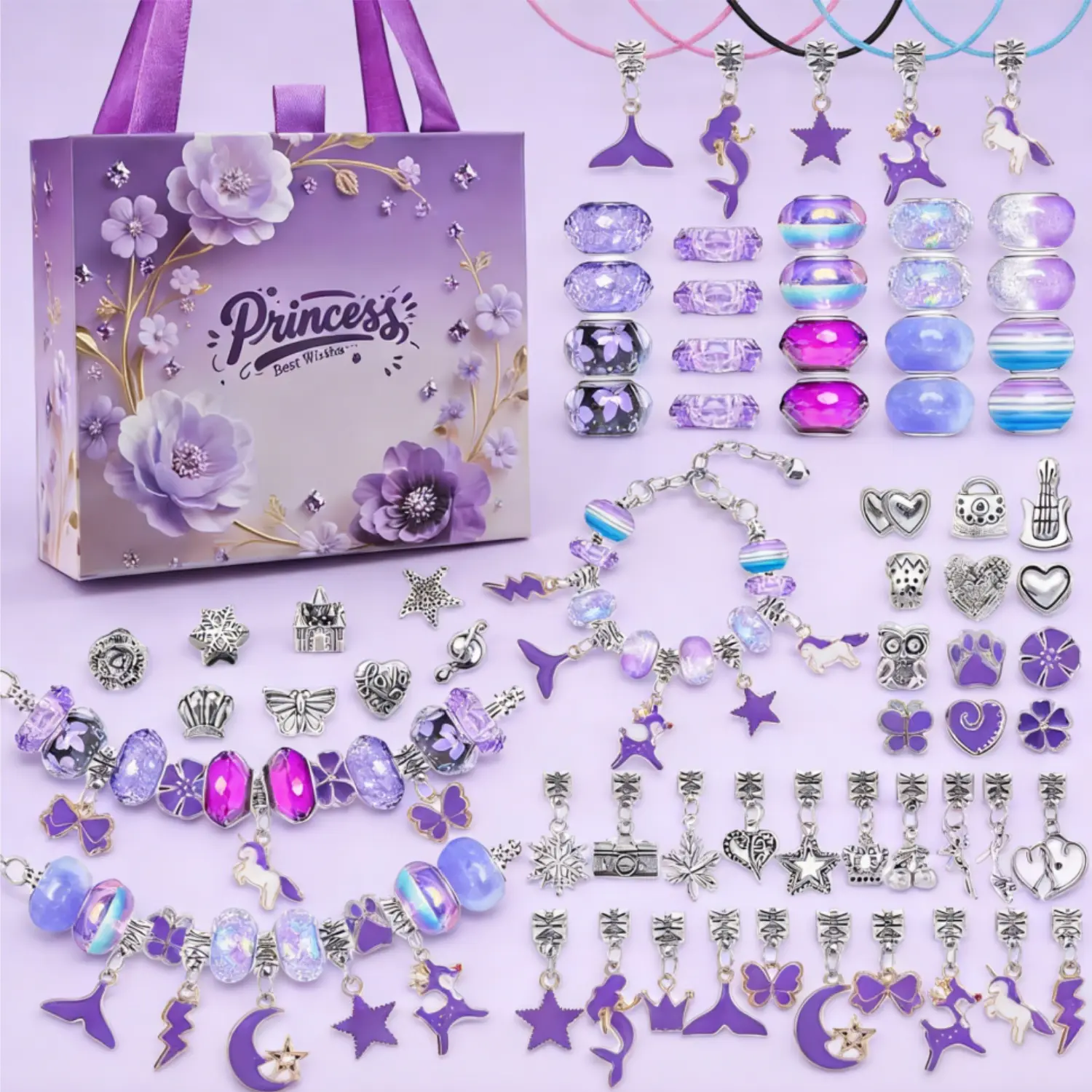 2026 New Violet Charms Bracelet Making Kit 67Pcs DIY Purple Princess Themed Jewelry Set with Dream Purple Box Violet Accessories Bracelet for Women Beading Crafts for Bracelet & Necklace Creation Valentines Day Christmas Birthday Gift Ideas Mix Beads