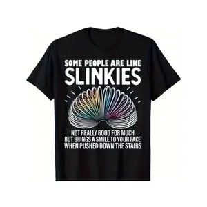 Women's Round Neck Short-Sleeve Casual Streetwear T-Shirt, Funny Sarcastic "Some People Are Like Slinkies" Graphic, Menswear-Inspired Unisex Gift Top