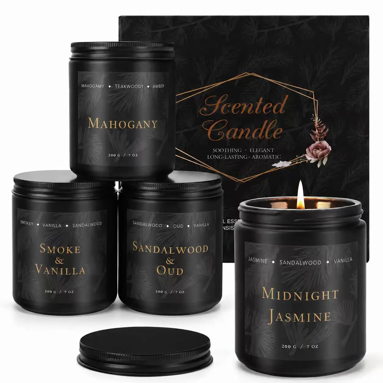 Scented Candles for Men -  Valentine's Day gift 4 Pack Candles for Home Scented, Soy Wax, 200 Hour Burn Time, Men Candle Set, Sandalwood Oud/Mahogany Teakwood/Smoke Vanilla/Jasmine Candle Set Father's Day Gift