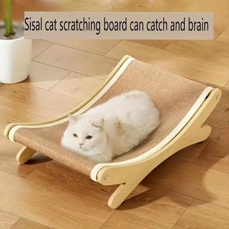 Cat Lounger - Linen with Scratching Surface, Durable Wooden Cat Scratching Post, All Seasons Pet Lounger with Furniture Protection