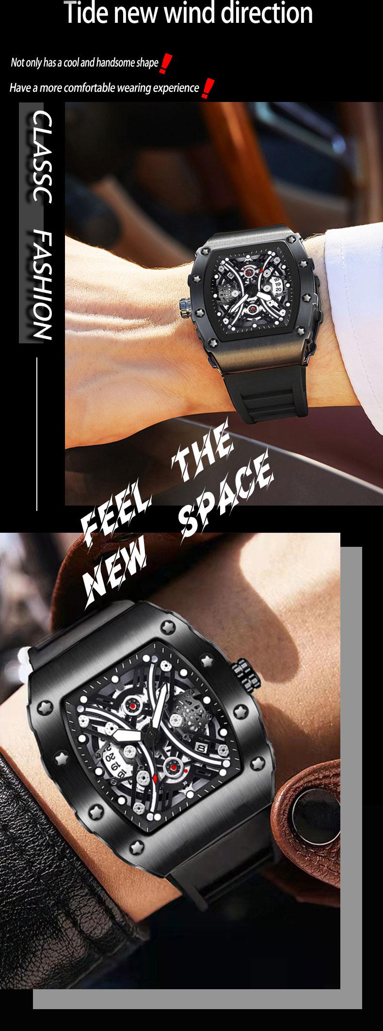 Men's Red Carbon Fiber Skeleton Tonneau Watch, Black Silicone Band, Sporty Quartz Wristwatch
