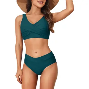 Women's High Waisted Bikini Set Twist Front Two Piece Swimsuit Lace Up Tie Back Bathing Suits