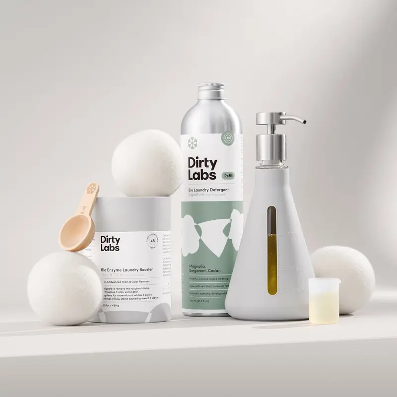 Sustainable Laundry Starter Set - Signature Scent - Laundry Detergent (80 Loads), Booster (48 Loads), Dryer Balls (3 Pack), and Refillable Pump
