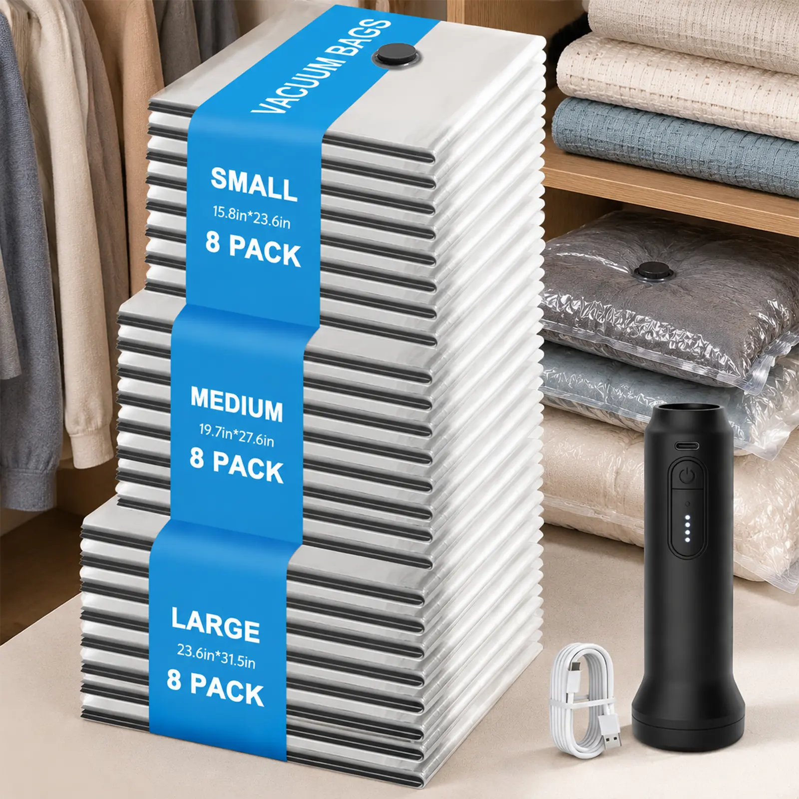 24-Pack Multi-Size Vacuum Storage Bags with Cordless Electric Air Pump, Space-Saving Compression Bags for Camping Sleeping Gear Stuff Sacks, Home Clothes Comforters Organization
