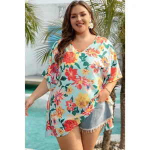 Sky Blue Plus Size Floral Print V Neck Batwing Sleeve Blouse