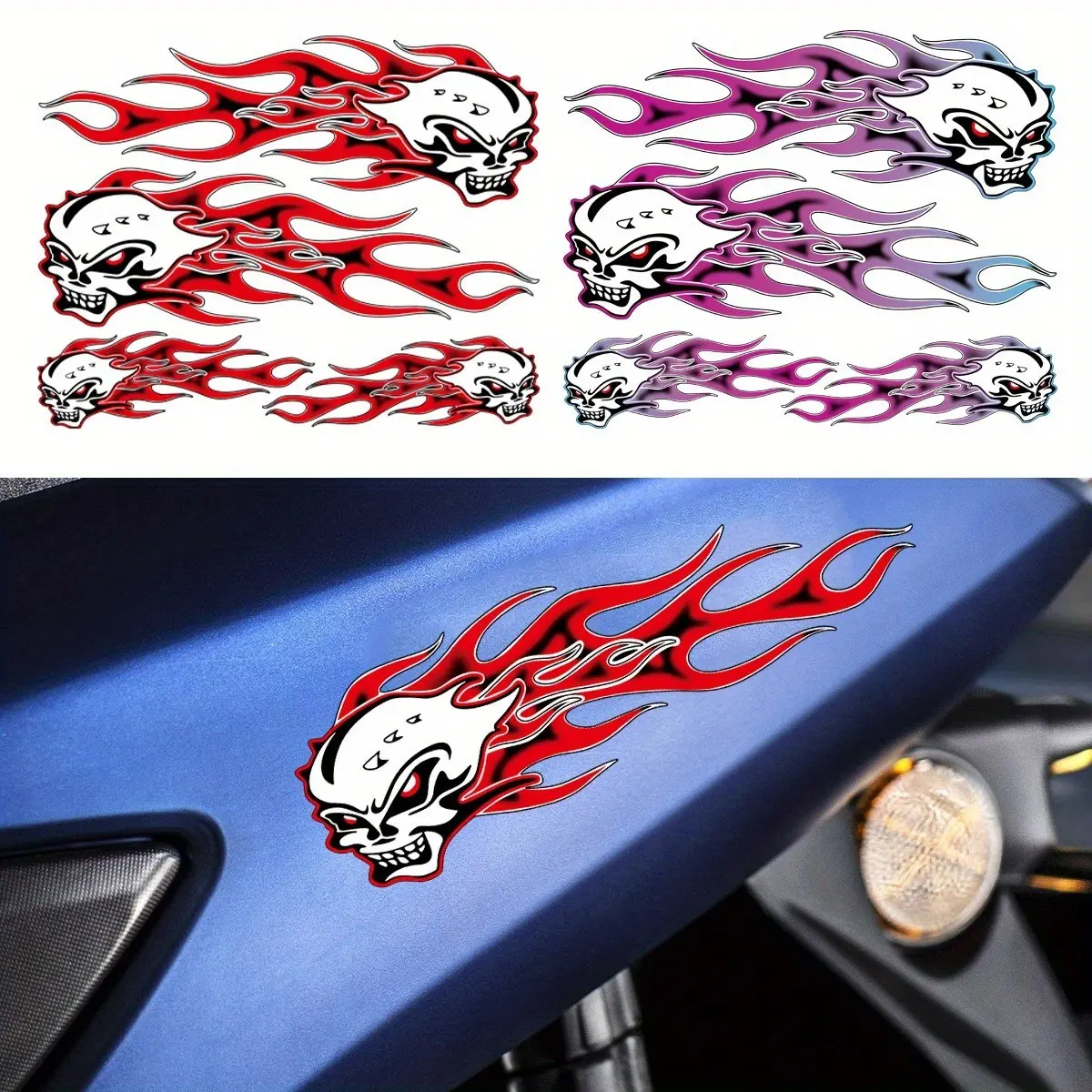 2D Flame Skull Motorcycle Sticker Set, Decal, Motorcycle Decoration, Waterproof Vinyl Stickers for Bike Body, Helmet, Fuel Tank, Durable and Easy to Apply, Motorcycle Accessories