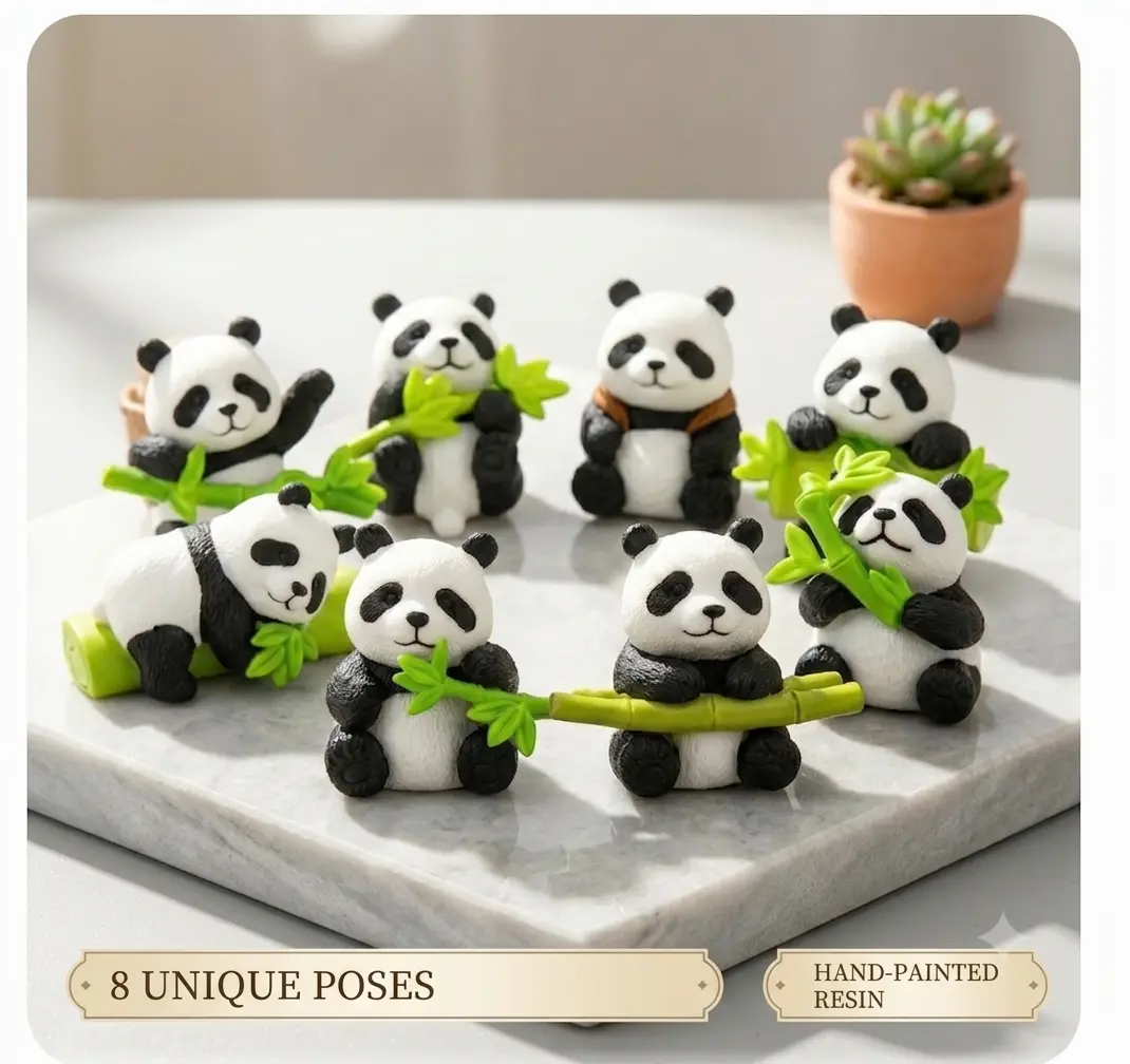 Kawaii Bamboo Panda Resin Animal Figurine Set (4PCS-8PCS) - Resin Animal Ornaments with Adhesive Tape, Home Office Decor, Room Decor, Study Table Cute Collectibles Gift