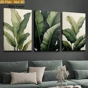 2D canvas, set of 3 framed canvas posters, ready to hang and use, tropical plant leaf scenery decoration, home decor, wall art, room decoration, ideal gift, decorative hanging paintings for living room, bedroom, dining room, office