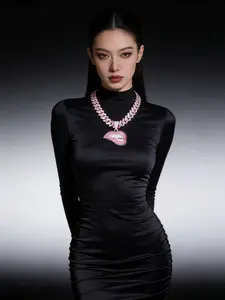 1 Piece Necklace, Shiny Lip Shape Pendant with Ice Cuban Link Design, Unisex Hip Hop Pendant Necklace