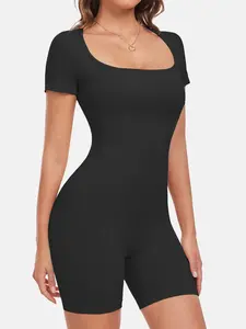 Women's Shapewear Bodysuit Square Neck Short Sleeve Seamless Slimming Body Sculpting Compression High Waist Shorts, Casual Plain All Season Wear