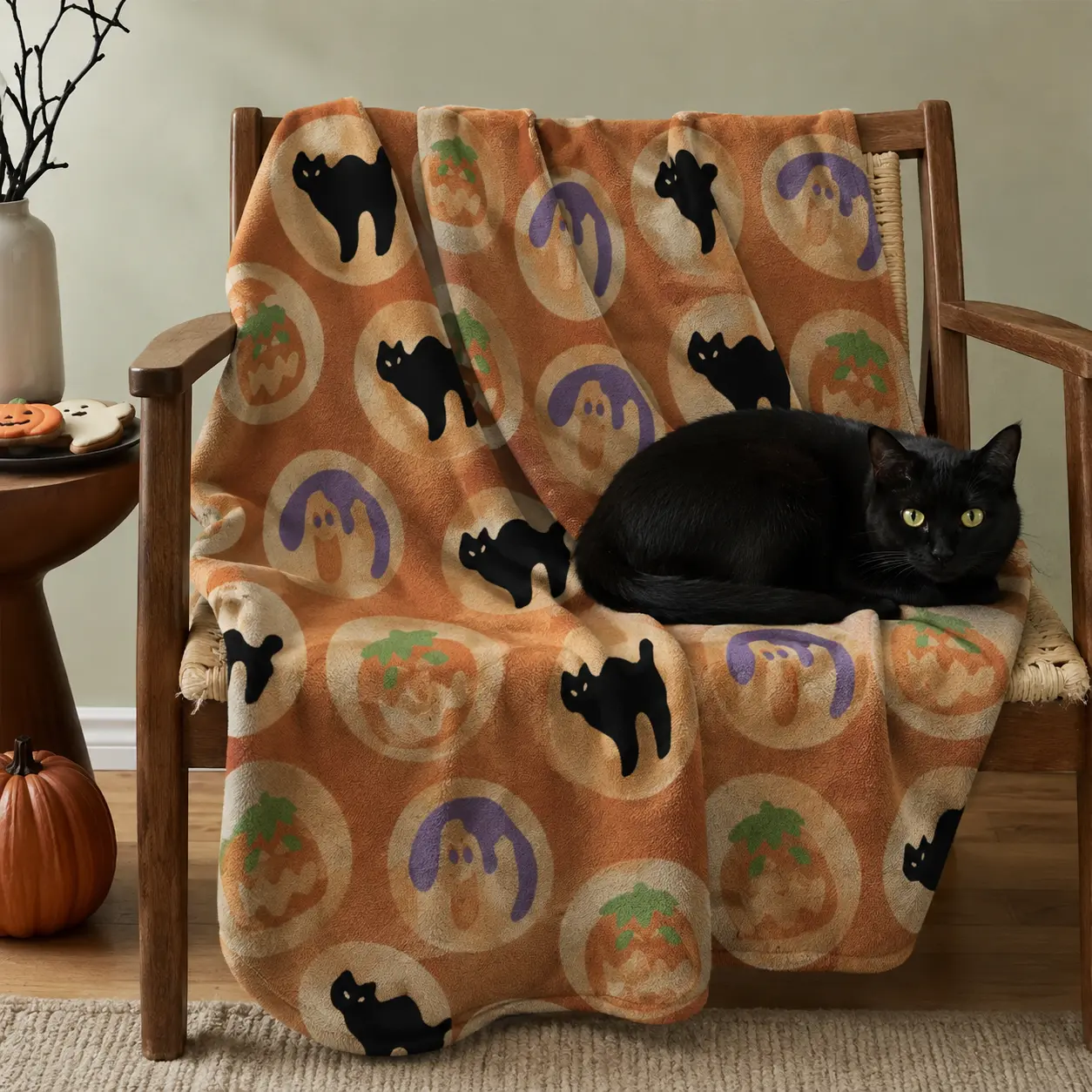 Cute Halloween Fleece Blanket Black Cat Ghost Pumpkin Throw for Cozy Fall Decor