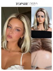 Blonde Highlight Lace Front Wig for Women, Medium Length Layered Wig, Dark Roots, Natural Hairline, Soft Silky Straight Wig