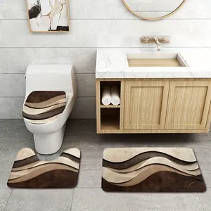 Modern Abstract Wavy Texture Bathroom Mat Set 3pcs Soft Flannel Non-Slip U-Shaped Toilet Stall Mat Stylish Brown Beige Home Decor Accessories Super Absorbent Cyber Monday Cozy Minimalist
