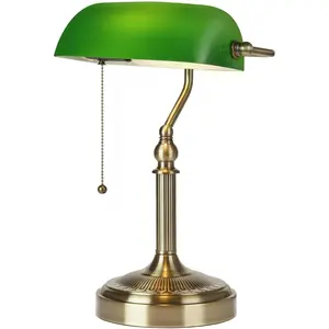 Glass Bankers Desk Lamp with Pull Chain  Plug in Fixture (Green-Simple, Simple Style)