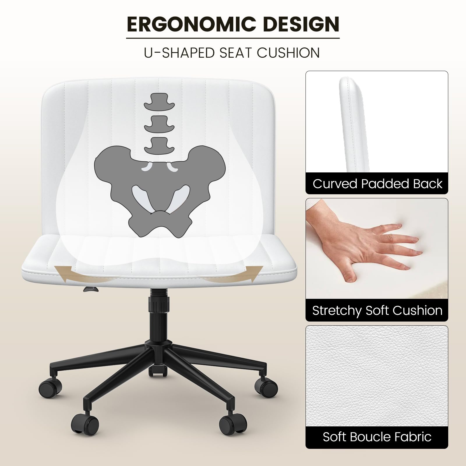 Boucle Criss Cross Armless Office Chair with Wheels offers ergonomic height adjustment and adjustable swivel for home use in white leather