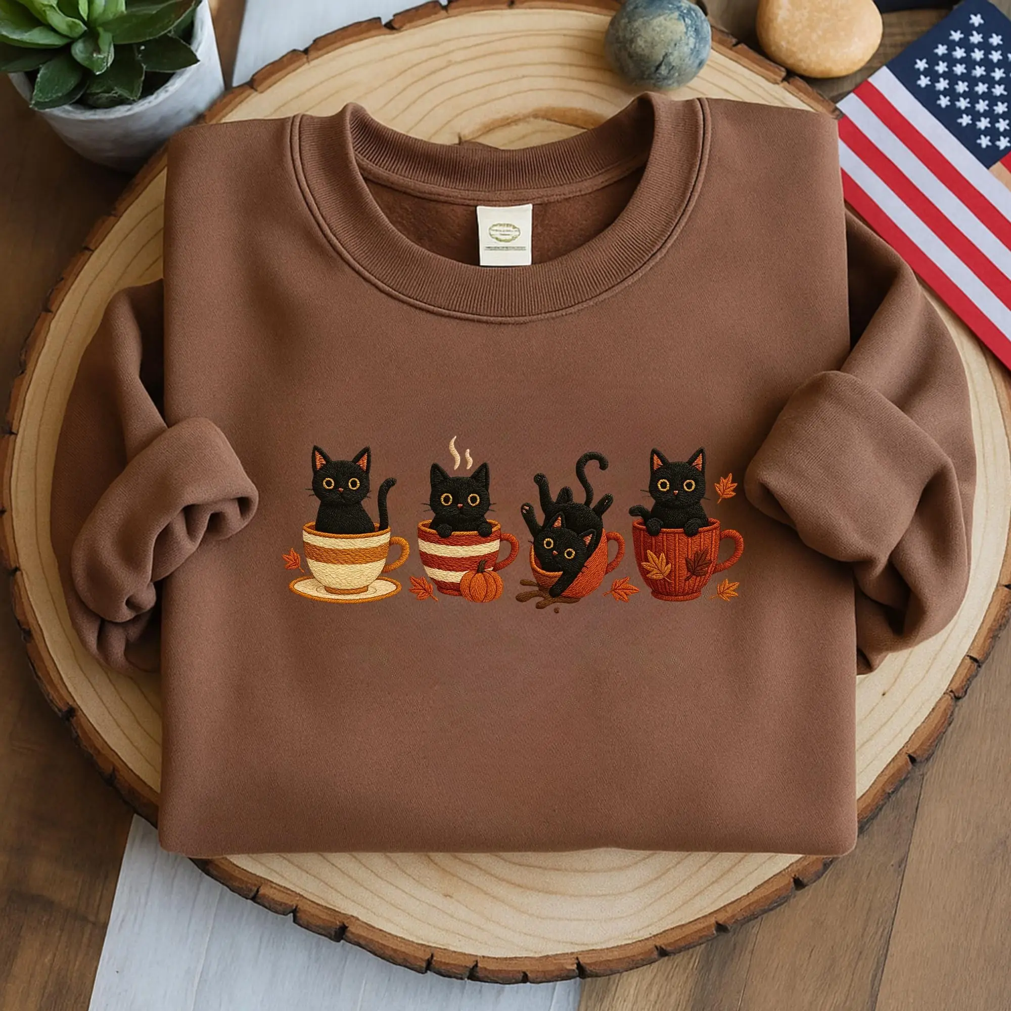 Embroidered Halloween Black Cat Sweatshirt, Pumpkin Fall Sweater, Halloween Shirt, Cute Autumn Spooky Season, Cat Lover Gift, Coffee Lovers