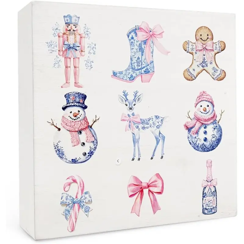 Pink and Blue Chinoiserie Christmas Wood Box Sign 5x5 Inch, Preppy Bow Christmas Cowgirl Nutcracker Snowman Reindeer Gingerbread Wood Box Signs for Girls Room Home Bar Shelf Table Desk Decor