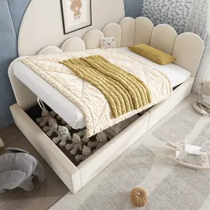 Twin Daybed with Stotrage, Modern Upholstered Lift Up Sofa Bed with Headboard, Velvet Twin Platform Bed Frame with Hydraulic Storage, No Box Spring Needed/Easy Assemble Twin, Beige