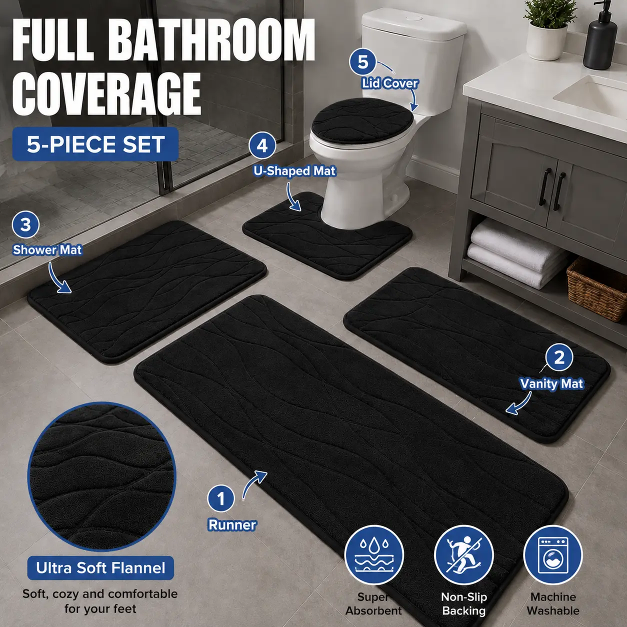 3/5-Piece Bathroom Rug Set, Ultra Soft Flannel Bath Mats, Full Bathroom Coverage