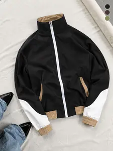 Men’s black/white khaki three-color colorblock stand collar aviator jacket, all-white zip, loose vintage sports outerwear, Y2K collegiate street style casual jacket for teens