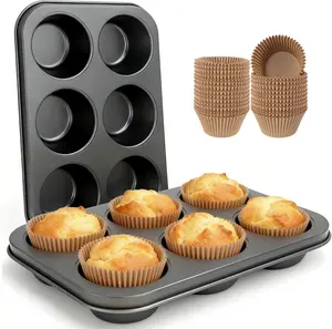 2 Pack Extra Large 6 Cup Nonstick Carbon Steel Muffin Pan with 50 Cupcake Liners, Jumbo Muffin Tin for Baking Supplies