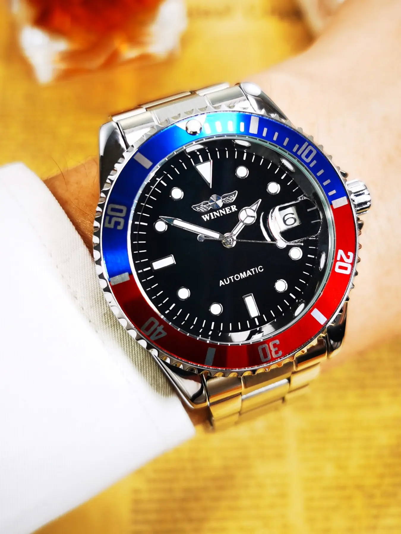 1pc Classic Business Automatic Analog Mechanical Watch for Men Rotating Bezel Luminous Design Top Brand Stainless Steel Strap Fashion Casual Mens Watches