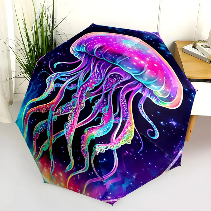1 PC Automatic Folding Umbrella - Galactic Jellyfish Artwork Pattern, Portable & Foldable Design with 8 Ribs, Merry Christmas Pattern,Casual Outdoor Accessory Halloween and Christmas Birthday Gifts. H00188