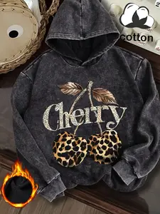 Women's Cotton Hoodie with Cherry Leopard Print, Casual Fitted Long Sleeve Pullover, Vintage Washed Design for Fall & Winter, Sweatshirt