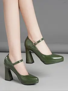 Women's Dark PU Leather Mary Jane Shoes, Chunky Heel Waterproof Platform, Round Toe Slip-On High Heels for Office and Party, Classy