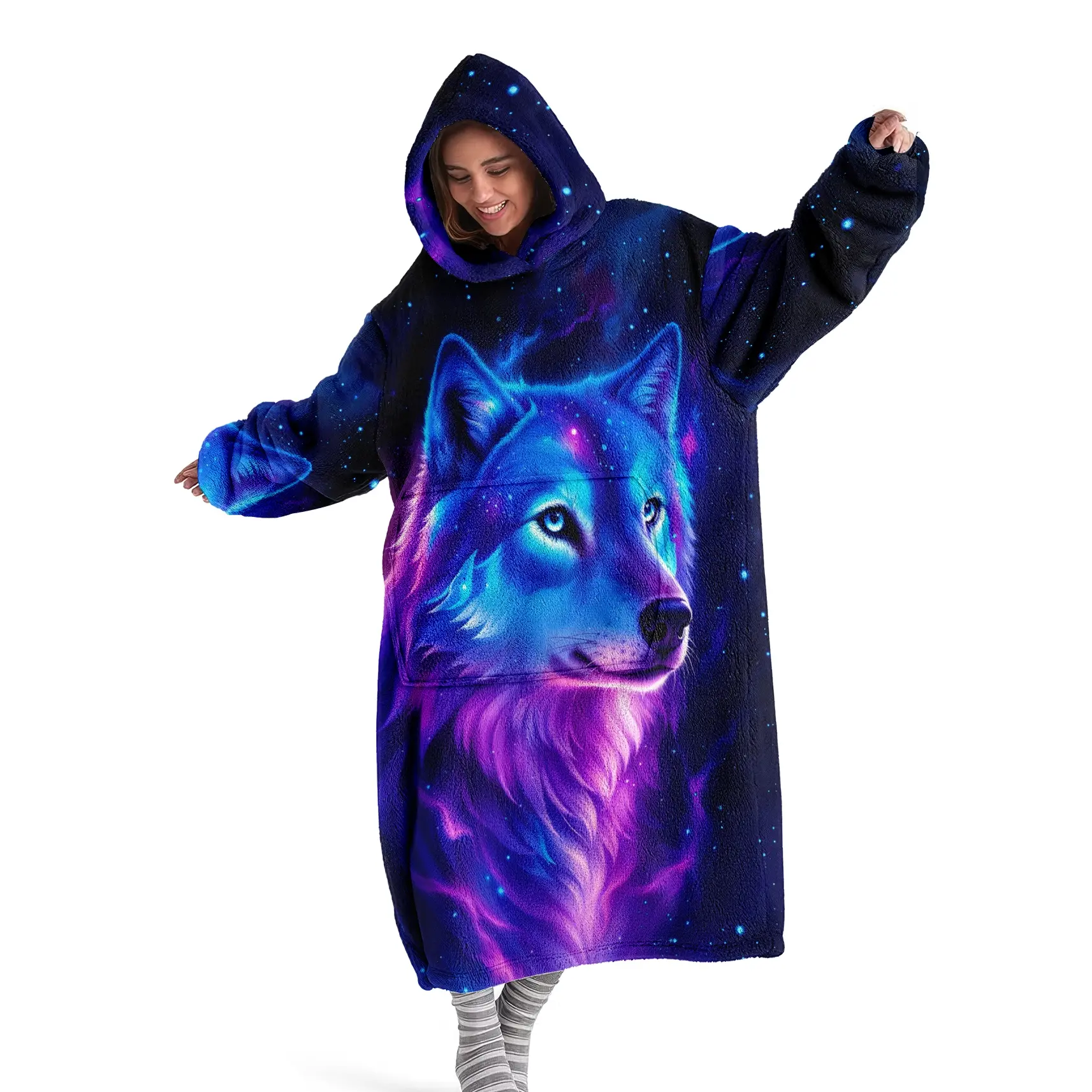 Hooded Blanket, Wearable Blanket, Cozy Chic Blanket, Women's Fleece-Lined Bathrobe, Starry Sky Wolf Print Thickened Loungewear, Cloak Blanket, Sleepwear Blanket Hooded, Perfect for winter home wear, ideal as gifts for Christmas or Valentine's Day