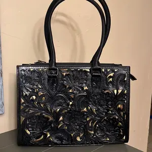 American Darling Black Gold Handtooled Leather Tote Crossbody