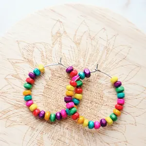 Rainbow Coconut Wood Hoop Earrings