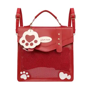 RIVERICH Kawaii Cat Paw Ita Bag - 2-Way Preppy Cambridge Style PU Leather Crossbody & Top Handle Backpack for Anime Pins, School & Daily Use | Cute Paw Charm & Star Stud Details, Adjustable Straps Stylish Multi-Way Ita Bag for Collectors