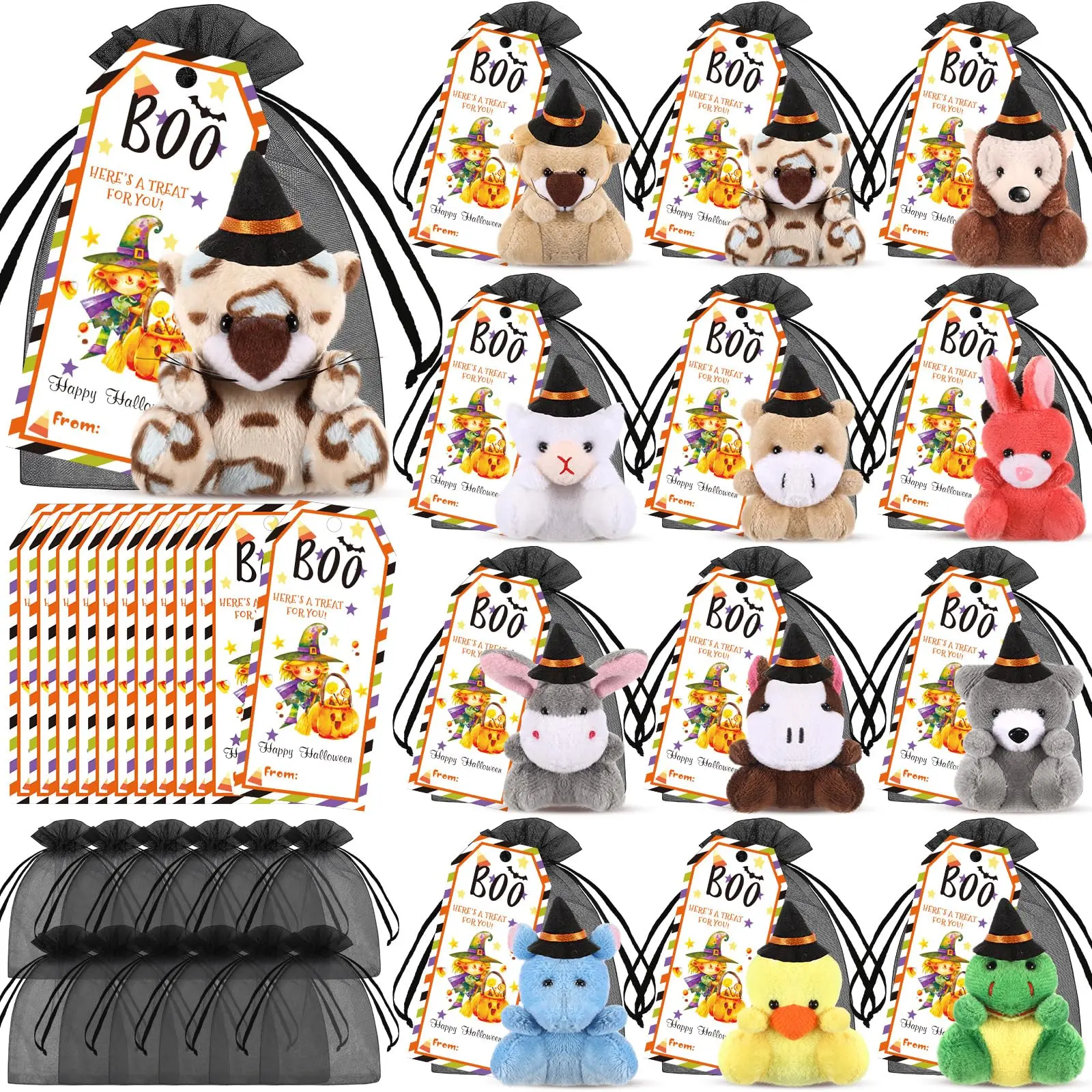 Gejoy 12/24 Pcs Mini Halloween Animals Stuffed Bulk Tiny Halloween Plush with Candy Bags for Teachers Parents Trick or Treat Classroom Halloween Party Favors Exchange Gift Goodie Boo Basket Fillers
