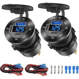 2 Pack 12V USB Outlet 3 Port  Charger Socket, 78W Dual PD USB C 30W and Quick Charge3.0 Port  Charger  with Voltmeter and Button  for Boat Marine  RV , etc