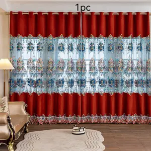 1pc Luxury Red Velvet Curtain with Embroidered Water-Soluble Lace, Cutwork Embroidered Curtain. Charming Red Filter Curtain - Sequined Appliqué & Embroidered Curtain for Living Room, Bedroom, Dining Room, European Style Curtain, Window Curtain