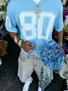 Light blue 80 mesh soccer jersey | Loose Y2K streetwear, breathable mesh fabric, vintage hip-hop V-neck T-shirt, perfect choice for casual wear and summer OOTD.