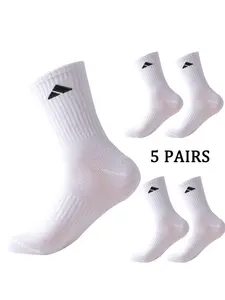 5 pairs of black and white patterned mid length Polyester Athletic Elastic socks suitable for both men and women comfortable and unisex sports socks