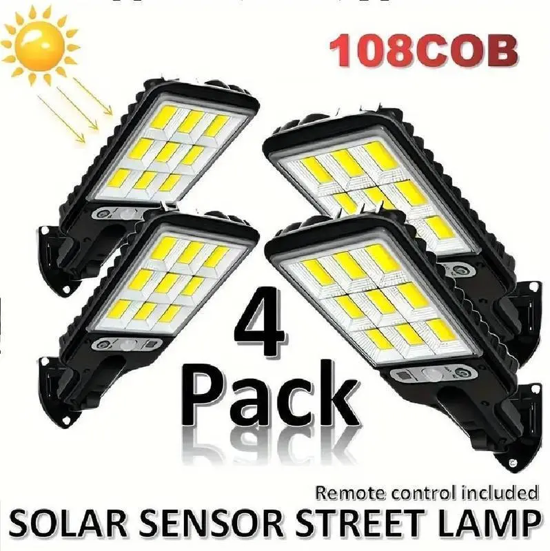 Outdoor Garden Lighting Solar Spotlights 4-Pack - 6000lm Solar-Powered Motion Sensor Wall Lamps, 108COB LED, IP65 Rainproof, Remote Control, Auto-Night-On, Plastic Body Durable Exterior Light for Garden Wall, Porch