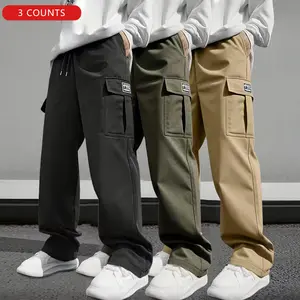 Men’s Outdoor Casual Cargo Pants 3-Pack – Loose straight-leg design, multiple pockets, straight-leg cut, suitable for fitness and casual outings, all-season wear, multifunctional long pants