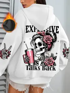 Women's Hooded Sweatshirt with Floral Halloween Pattern, Loose-Fit Design for Fall & Winter Comfort, Stylish Minimalist Style