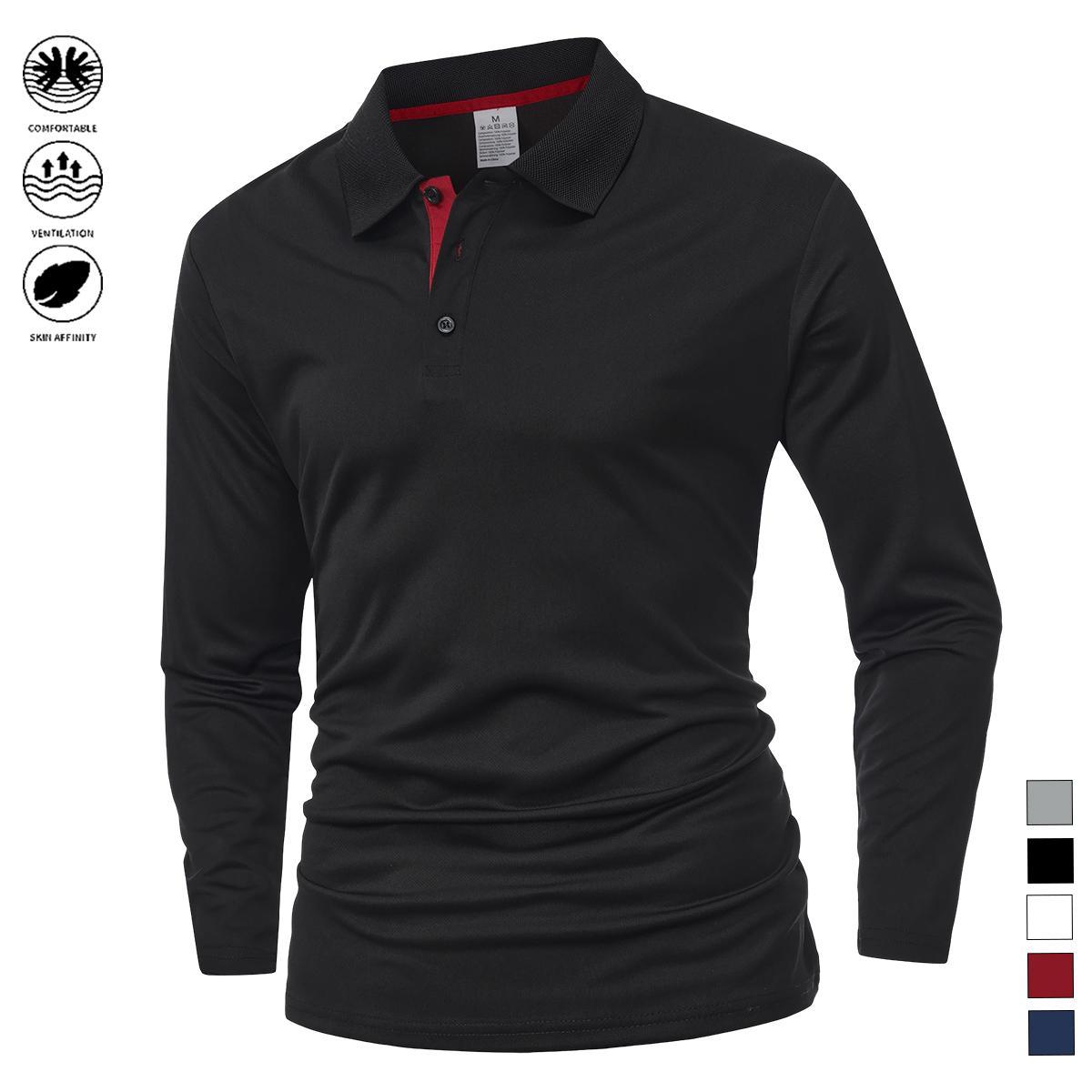 Men’s casual long-sleeve quick-dry polo shirt suitable for golf and tennis; comfortable cycling apparel with a stylish color-block design at the collar and cuffs—a great gift for him. Plain