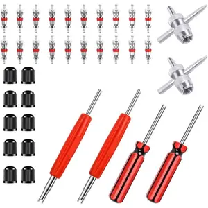 6Pcs Valve Stem Removal Tool-Single and Double Heads Valve Remover, 4-Way Tool for Tire Repair, 10pcs Valve Caps, 20pcs Valve Core