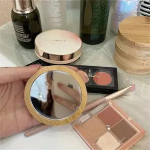 Portable Wooden Makeup Mirror Set, Travel-Friendly Compact Round Mirrors, Handheld Reusable Cosmetic Tools, Ideal for On-The-Go Use