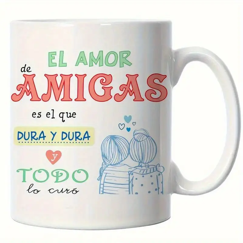 Whimsical Spanish Letter Printed Reusable Ceramic Mug - Animal, Gingham, Patchwork, Polka Dot, Plant Accents, Washable Wide-Mouth Drinkware for Tea & Coffee, Friendship-Themed Gift for Friends