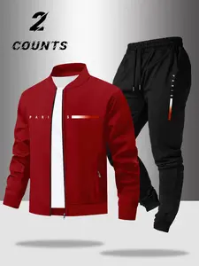 Men's Spring & Fall Casual Set, Zipper Pocket Jacket Coat and Drawstring Waist Pants, Gradient Letter Print, Two-Piece
