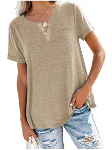 Women's Spring Summer Casual Basic V-Neck Short Sleeve T-Shirt, Comfortable Loose Fit Pure Color Top with Pockets, Home Wear, Womenswear