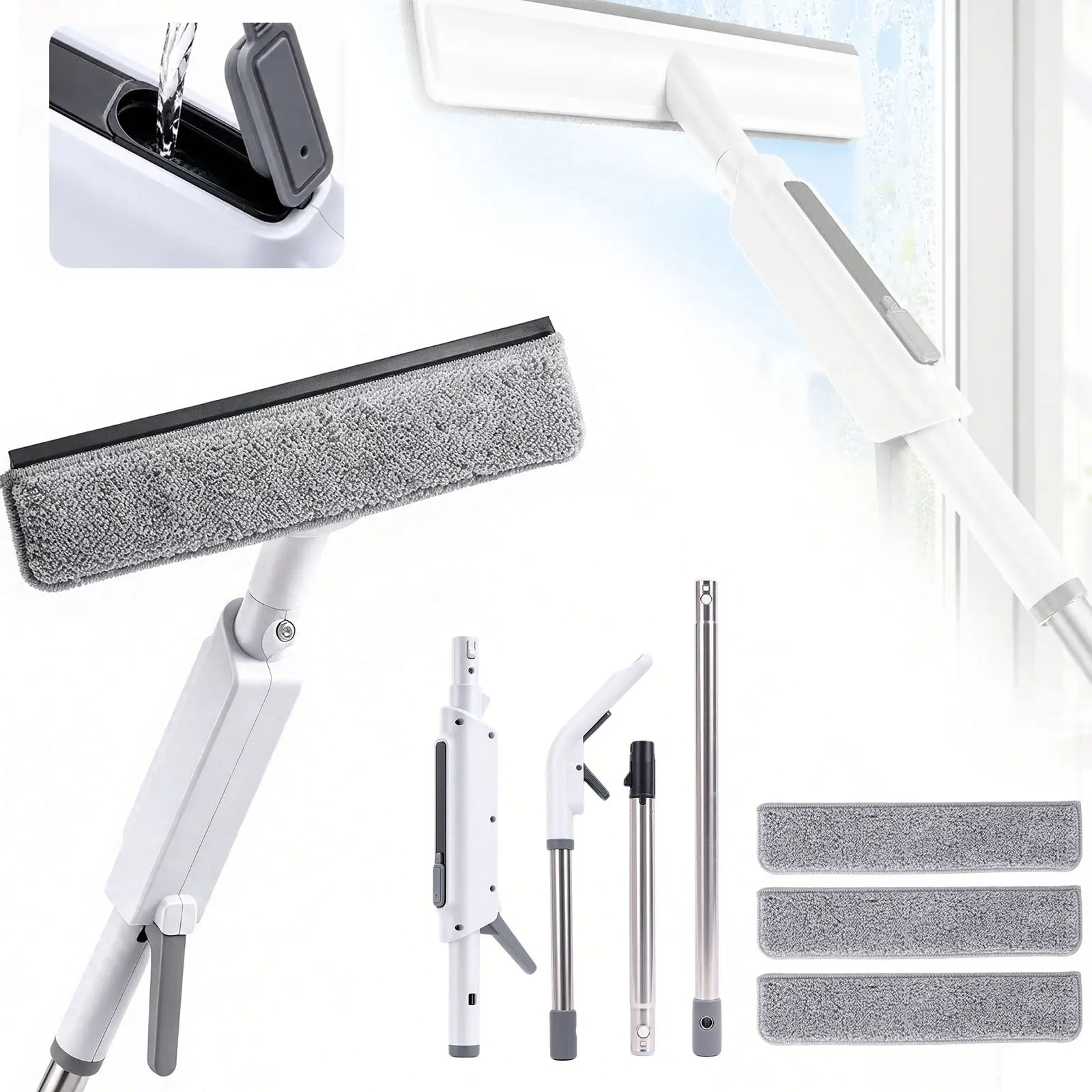 55'' Long 3-in-1 Glass Cleaning Kit: Spray, Wash & Squeegee, Window Squeegee Cleaner Tool with 3 Replacement Pads, for High Windows, Shower Doors, Car Windshields, Indoor Outdoor Windows