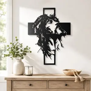 Jesus Christ Cross Wall Art Night Light - Christian Religious Home Decor - Backlit Metal Silhouette With Crown Of Thorns - Ideal Easter Gift
