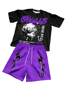 Men's Skulls Cyberpunk Print T-Shirt Set, Loose-Fit Casual Two-Piece, All-Season Wear, Shorts with Flame Logo